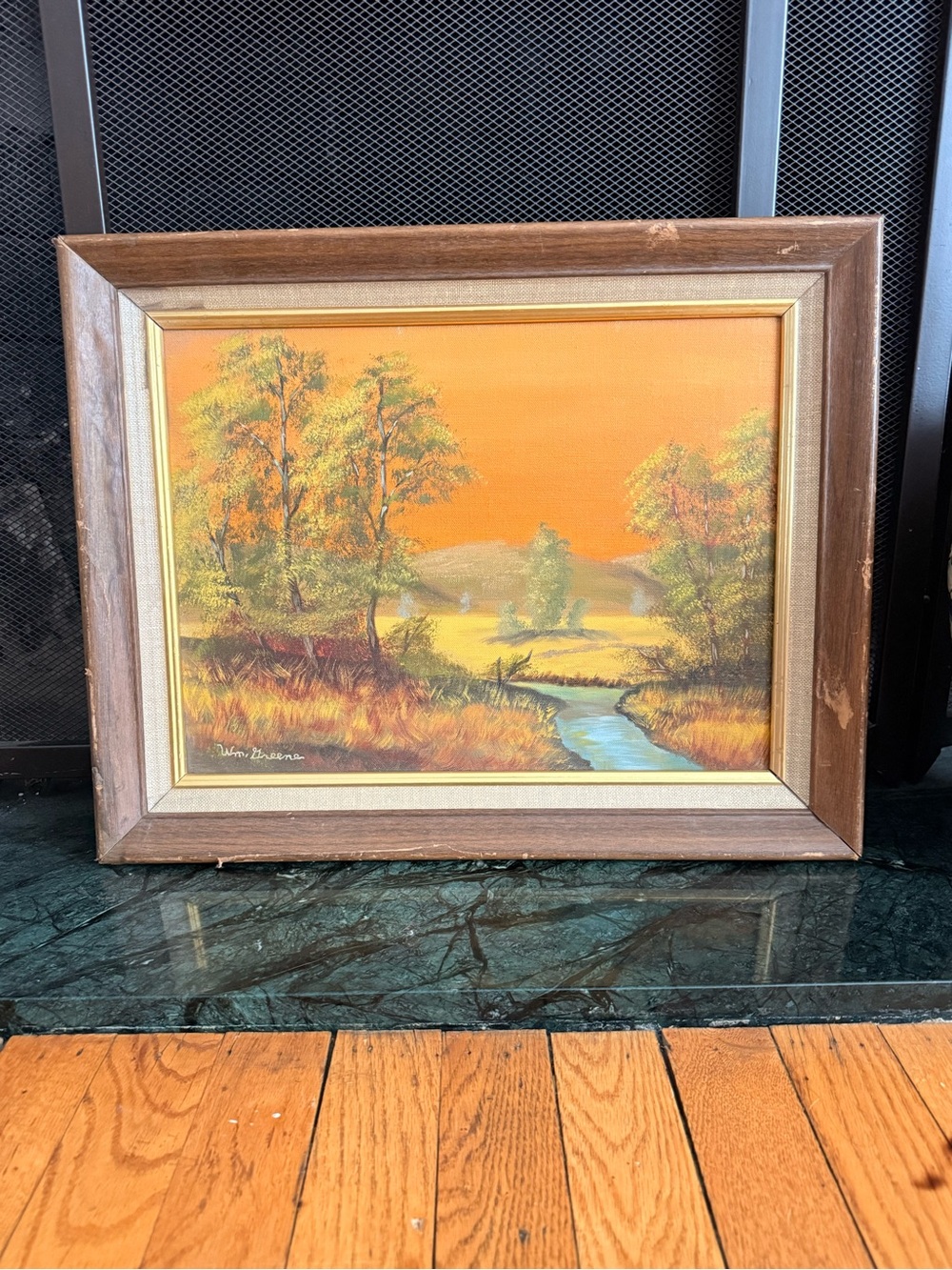 Vintage original Framed Autumn Landscape Wall Art - Orange and Brown